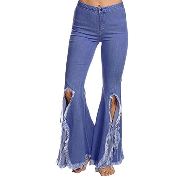 CHARTOU Tassel Flared Slit Ripped Jeans Denim Pants - Picture 1 of 6